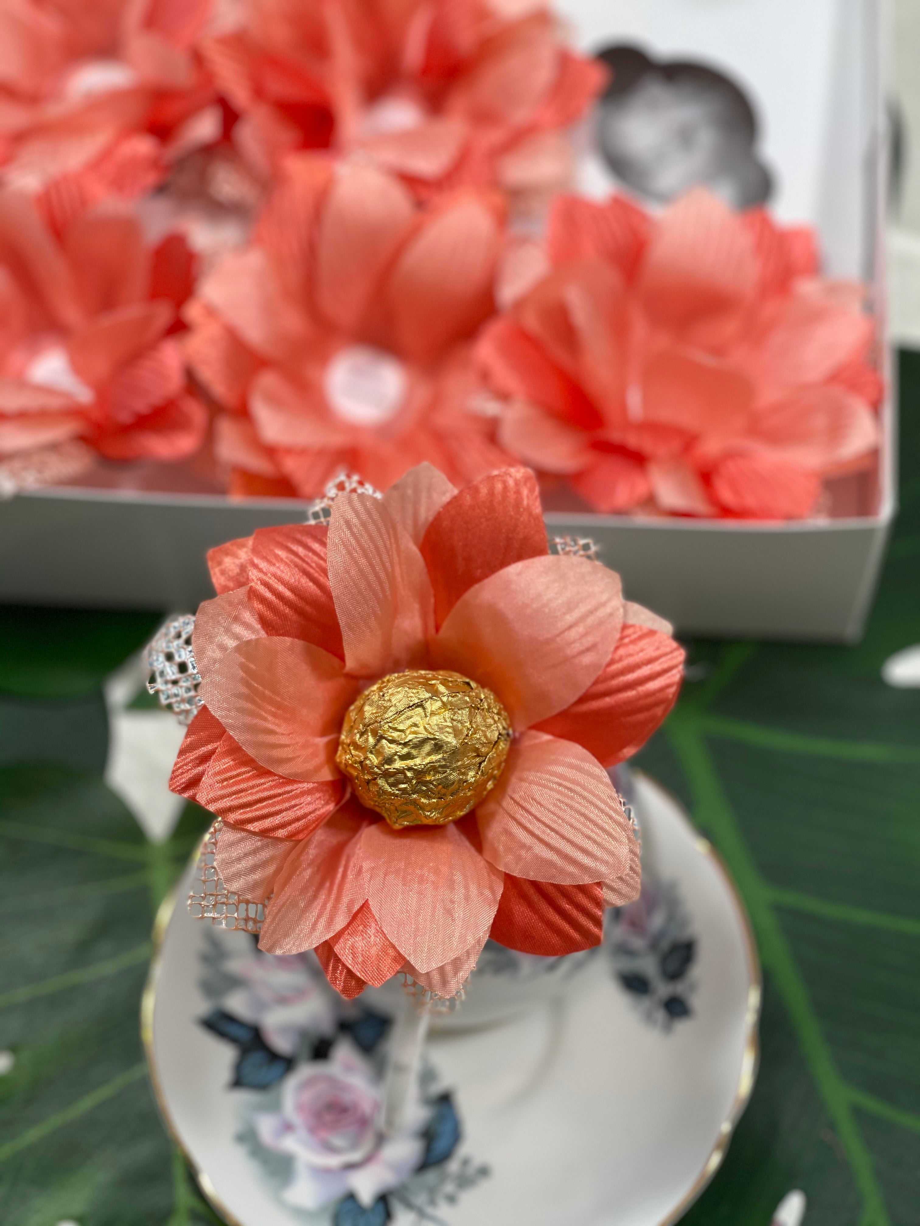 Coral Fabric Flower Sweet Holder. Box of 6 Flowers